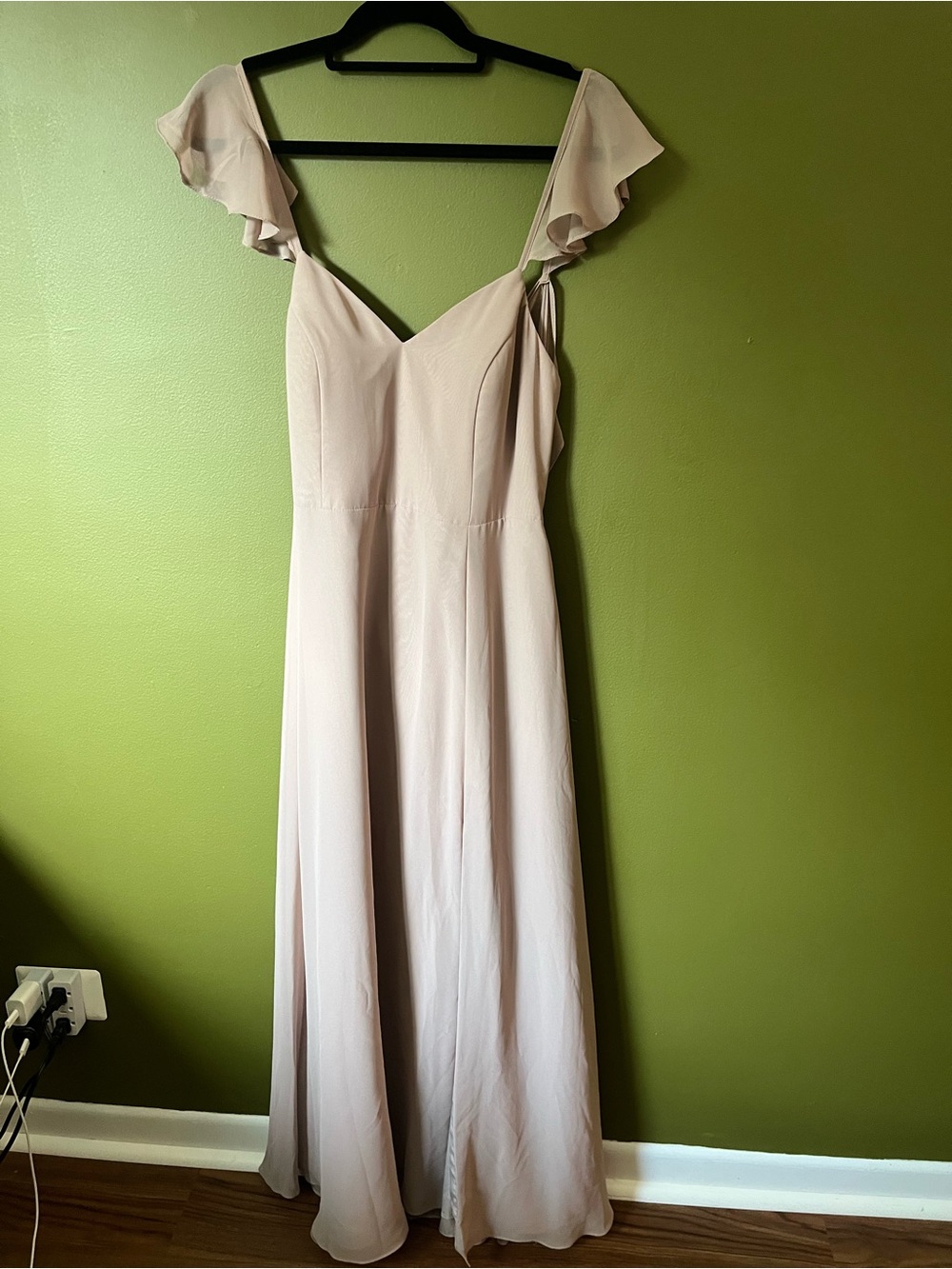 Azazie Elegant Flutter-Sleeve Maxi Dress in Beige